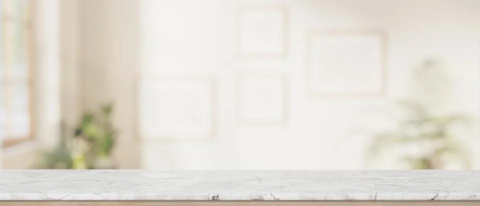 Empty marble tabletop across blank frame on white wall in a living room wit.. Stock Illustration