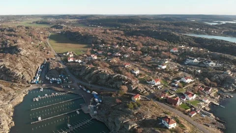 Empty Marina Next to the Small Scandinavian Village, Pullback Aerial Stock Footage 145465373