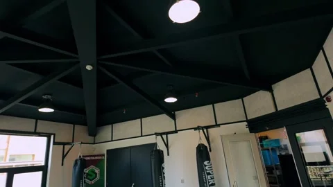 Empty martial arts training gym with multiple punching bags in Nijmegen Stock Footage 333034262