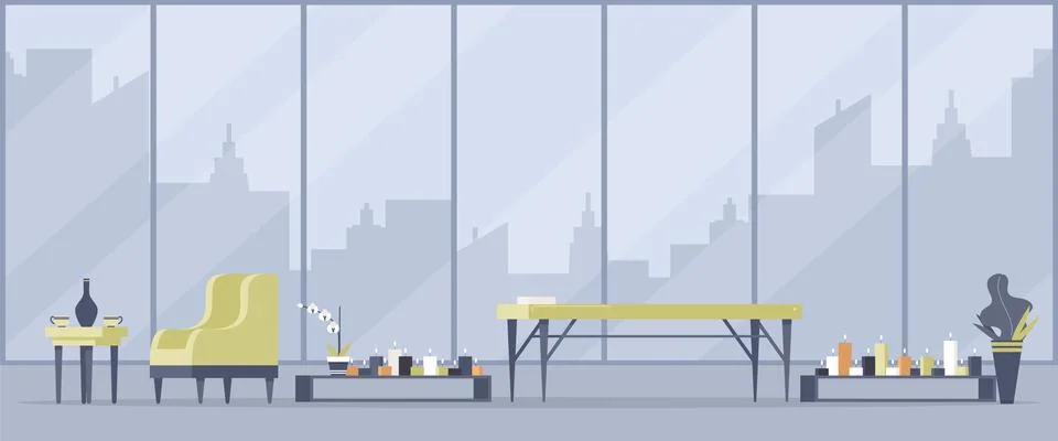 Empty massage room flat vector illustrations. Beauty salon furnishing, masseur Stock Illustration