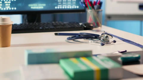 Empty medical cabinet at the clinic with a computer and diagnostic tools Stock Footage 306628512