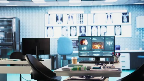 Empty medical cabinet at the clinic with a computer and diagnostic tools Stock Footage 306631989