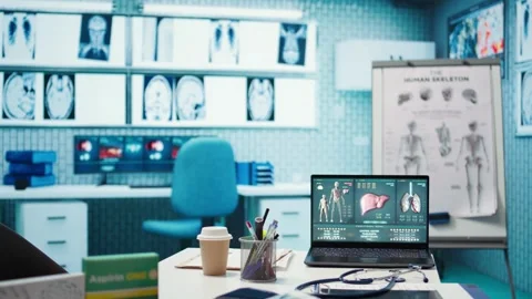 Empty medical office with computer and diagnostic tools set up for consultations Stock Footage 306647547