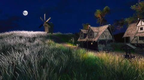 Empty medieval village with windmill at night 3D Stock Illustration