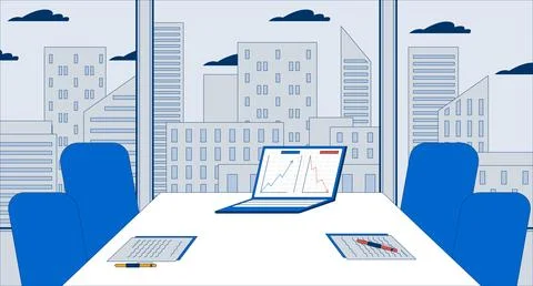 Empty meeting room table charts laptop flat illustration Stock Illustration
