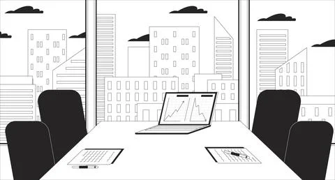 Empty meeting room table charts laptop black and white line illustration Stock Illustration