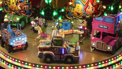 Empty Merry-Go-Round Carousel Spinning With Illumination Stock Footage 256839983