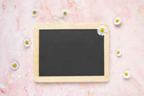 Empty message black board and fresh spring flowers Stock Photos