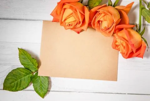 An empty message note with fresh flower roses isolated over white wooden Stock Photos