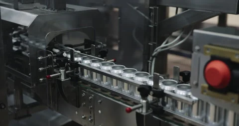Empty metal cans enter processing machine along guided conveyor line. Automated Stock Footage 346228579