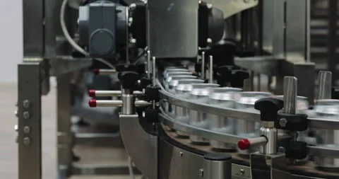 Empty metal cans move around curved conveyor inside automated brewery plant. Stock Footage 346228357