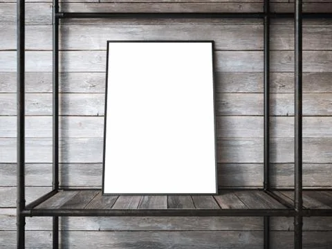 Empty metal shelves with blank frame 3d rendering Ilustración de archivo