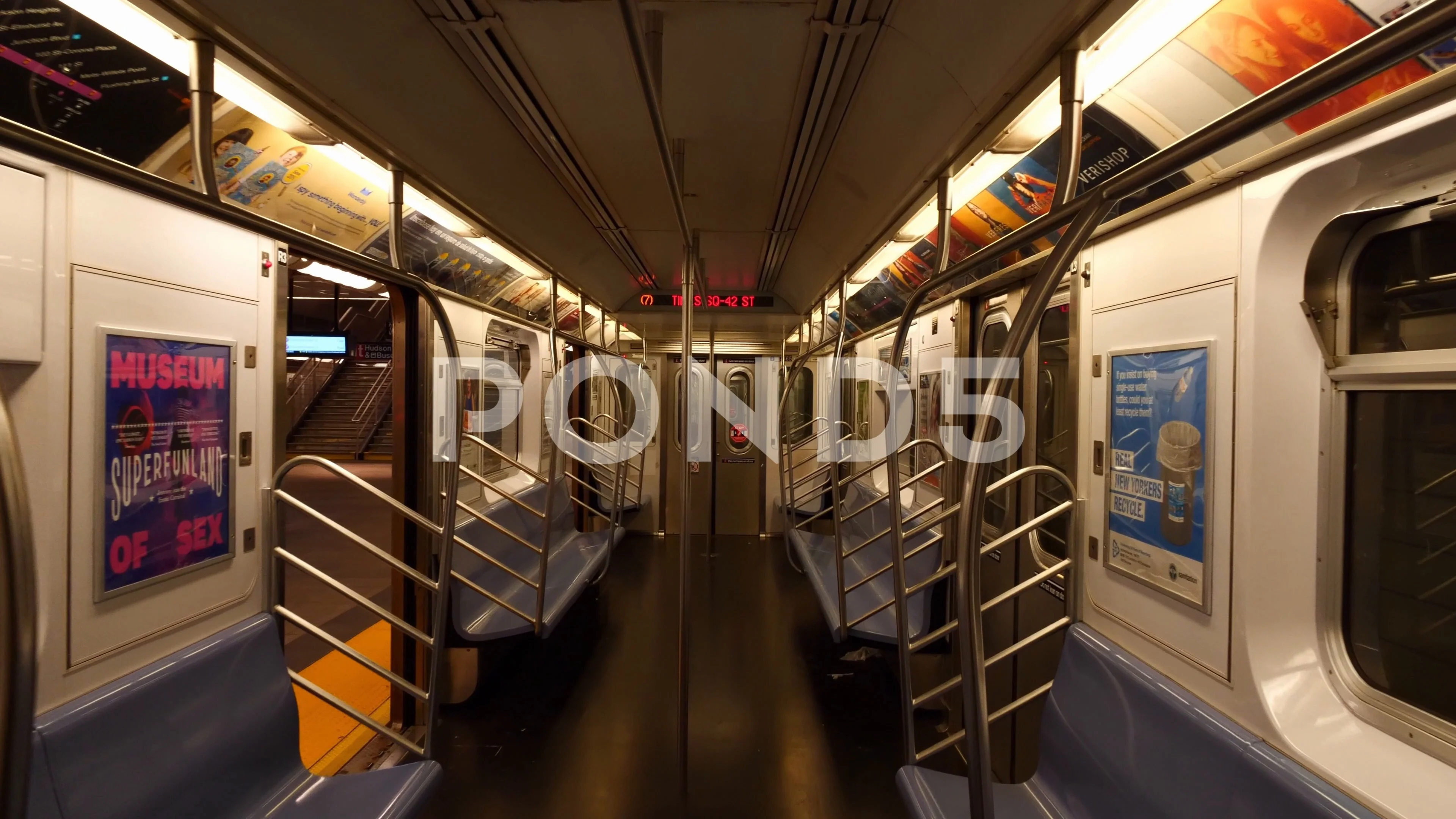 Empty metro subway train at grand central station in NYC. Glide dolly shot  slow