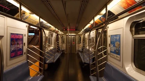 Empty metro subway train at grand central station in NYC. Glide dolly shot slow  Video stock 122551597