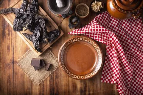 Empty Mexican clay plate, set with some typical ingredients of Mexican cuisin Stock Photos