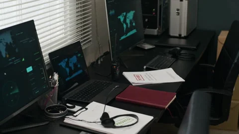 Empty Military Command Center Station Displaying Global Map Stock Footage 343735898