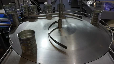 Empty milk powder tins running on an automated filling line for testing. Stock Footage 336734624