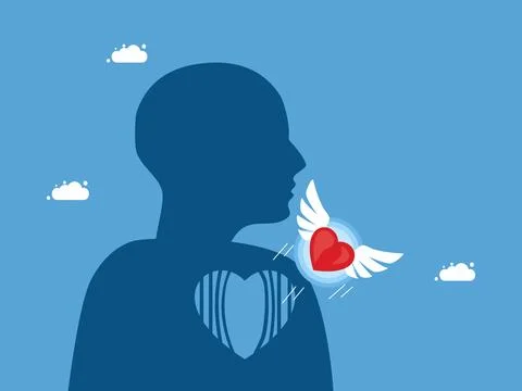 An empty mind and the discovery of a new life. The heart that flew out of the Illustrazione stock