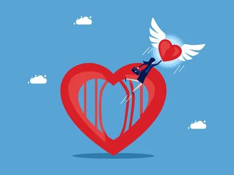 Empty mind and the discovery of a new life. Businesswoman flying with heart c Illustrazione stock