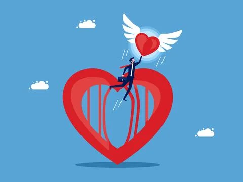 Empty mind and the discovery of a new life. Businessman flying with heart com Illustrazione stock