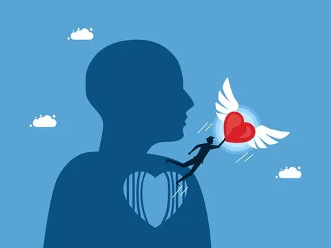 Empty mind and the discovery of a new life. Businessman flying with heart com Illustrazione stock
