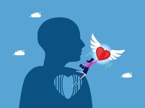 Empty mind and the discovery of a new life. Businesswoman flying with heart c Illustrazione stock
