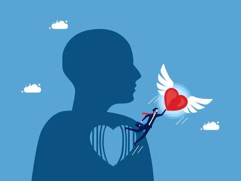 Empty mind and the discovery of a new life. Businessman flying with heart com Illustrazione stock