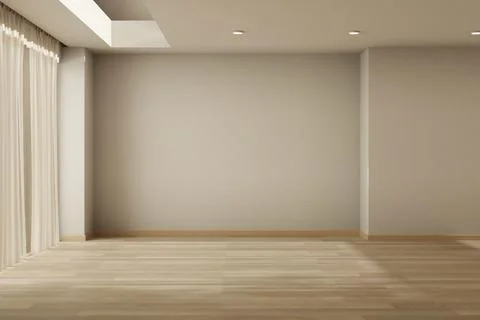Empty minimalist room interior with wood flooring, curtain covered window a.. Stock Illustration