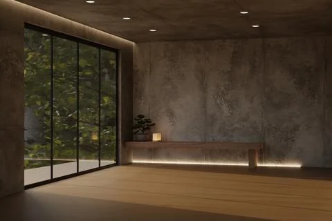 Empty minimalist room with large glass window, loft concrete wall and woode.. 스톡 일러스트