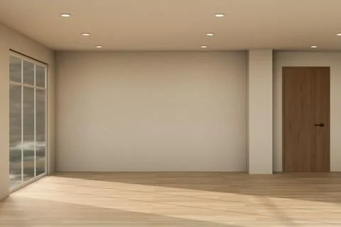 Empty minimalist room with white wall and wooden door over parquet floor wi.. 스톡 일러스트