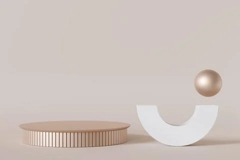Empty minimalist scene with abstract white and metallic shapes. Beige background Stock Illustration