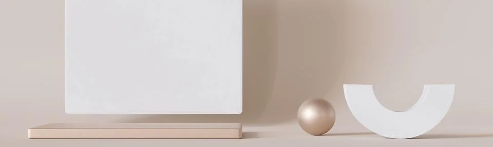 Empty minimalist scene with abstract white and metallic shapes. Beige background Stock Illustration