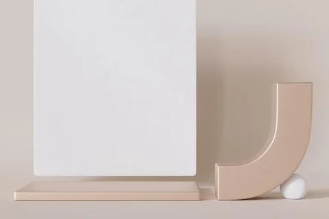 Empty minimalist scene with abstract white and metallic shapes. Beige background Stock Illustration