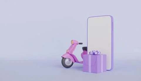 Empty mobile phone device screen and cute scooter for free transport service Stock Illustration