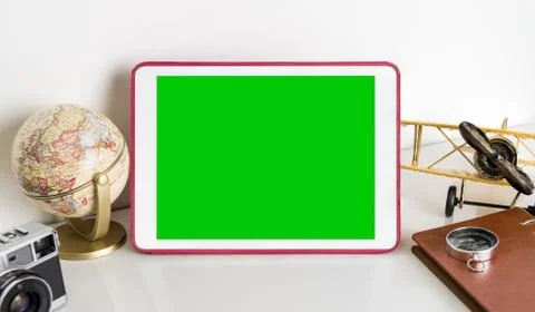 Empty mobile tablet mock up for world travel concept Stock Photos