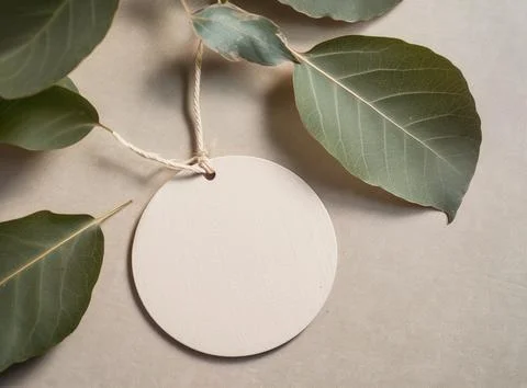 Empty mockup of circle tag label for brand organic shop, minimal eco friend.. 库存照片