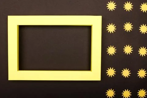 Empty mockup frame with crafting paper flowers isolated on paper background Stock Photos