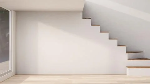 Empty mockup room with stairs and sunlight through glass door on white wall.. Stock Illustration
