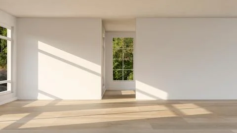 Empty mockup room with sunlight through glass window shining on white wall .. Stock Illustration