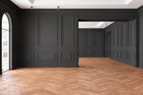 Empty modern classic black interior room. 3d render illustration mock up. Stock Illustration