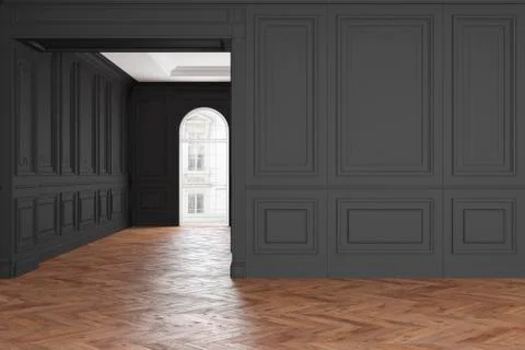 Empty modern classic black interior room. 3d render illustration mock up. Stock Illustration
