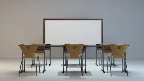 Empty modern classroom concept with school furniture background 3D rendering Stock Illustration