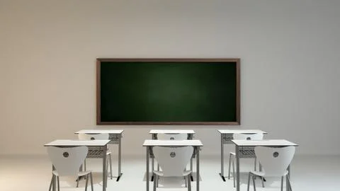 Empty modern classroom concept with white school furniture background 3D rend Stock Illustration
