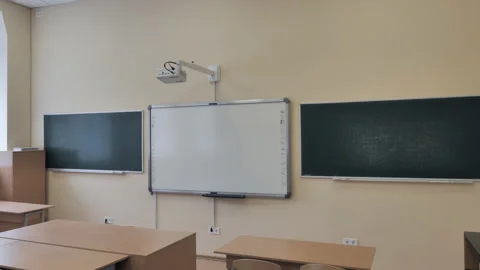 Empty Modern Classroom, Conference Hall With Rows Desks, White Screen, Projector Stock Footage 161099057