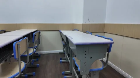 Empty Modern Classroom with Rows of Desks and Chairs, Multiple Angle Shots Stock Footage 339326857