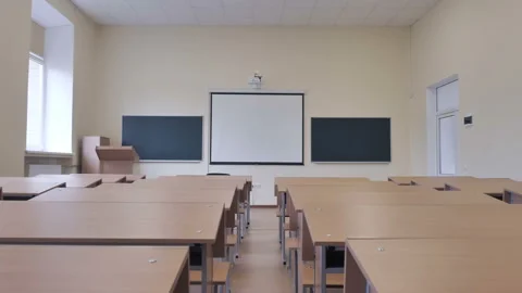 Empty Modern Classroom With White Screen, Projector, Tribune At University Video stock 172262792