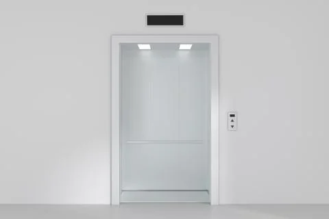 An empty modern elevator or lift with metal doors that are open Stock Illustration