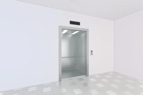 An empty modern elevator or lift with metal doors that are open Ilustración de archivo
