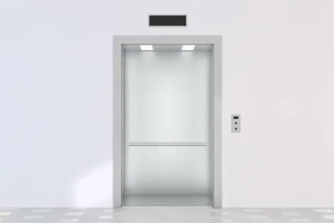 An empty modern elevator or lift with metal doors that are open Ilustración de archivo