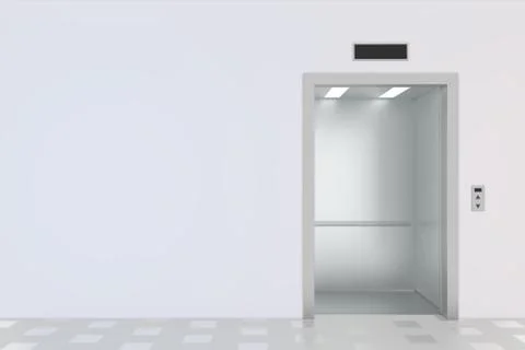 An empty modern elevator or lift with metal doors that are open Illustrazione stock